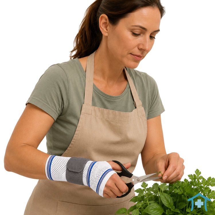 ManuBasic Handgelenkbandage mit Schiene & Band bei der Gartenarbeit