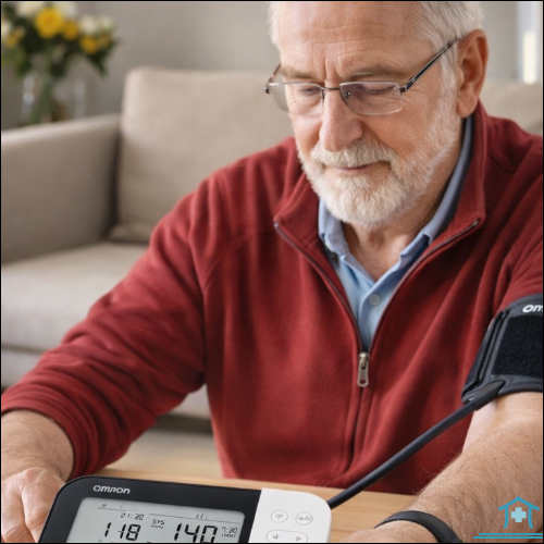 Anwendung Blutdruckmessgerät am Oberarm, zu Hause